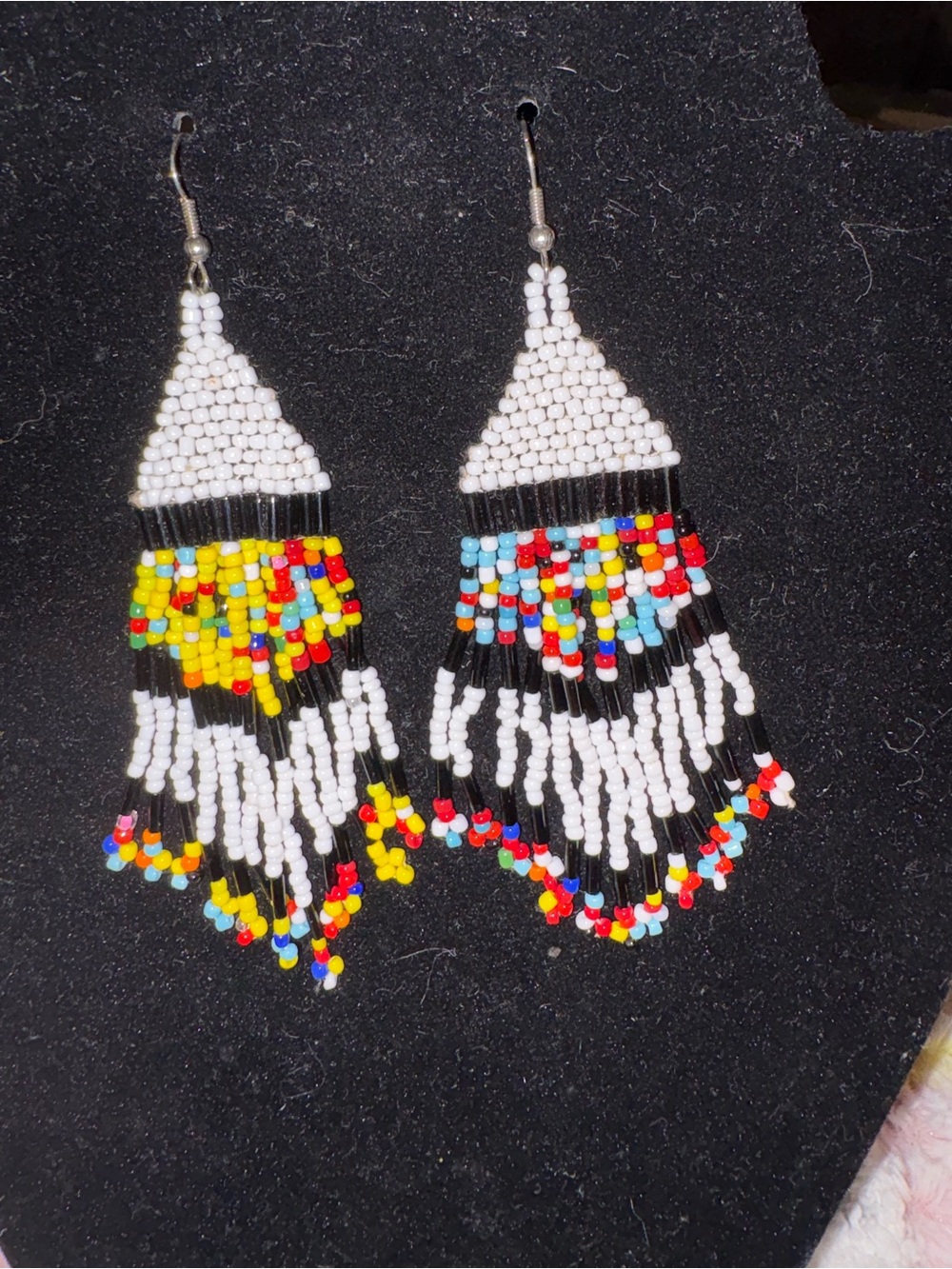 Hand Crafted White Beaded Fringe Earrings with Multicolor Accents